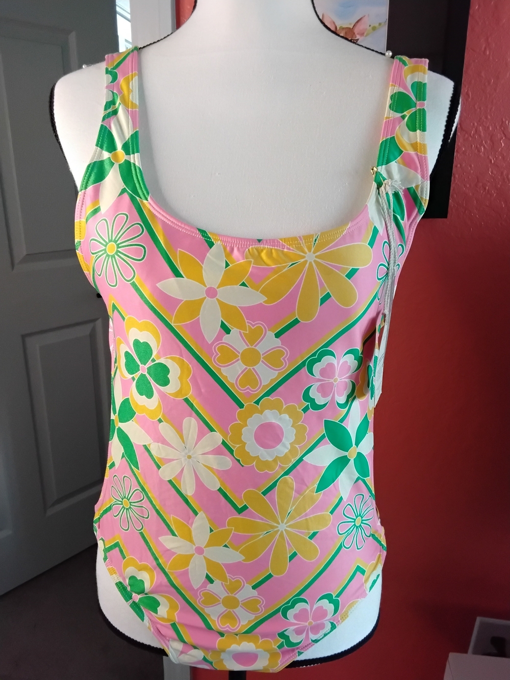Kenny Flowers Pink Floral One-Piece Swimsuit with Yellow & Green Accents